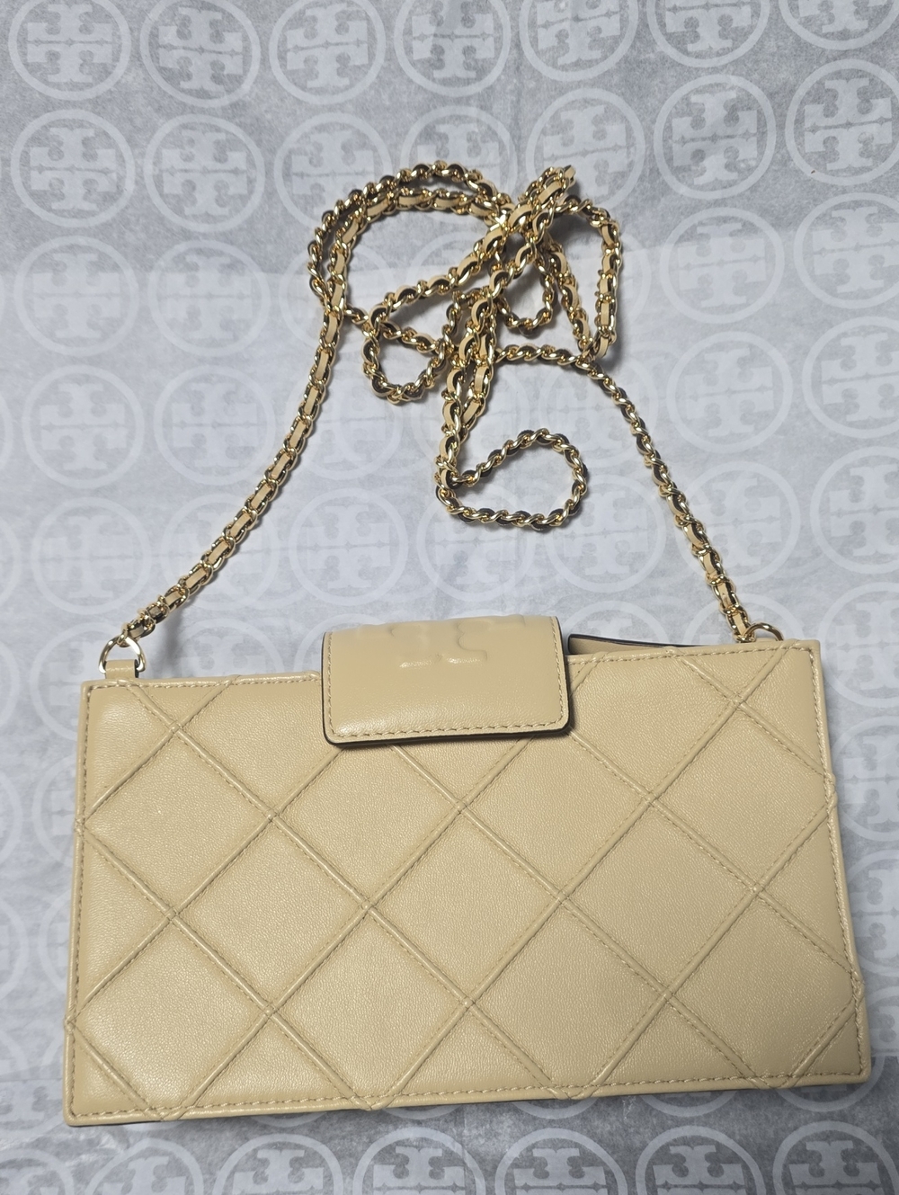 Tory Burch Beige Quilted Leather Chain Crossbody